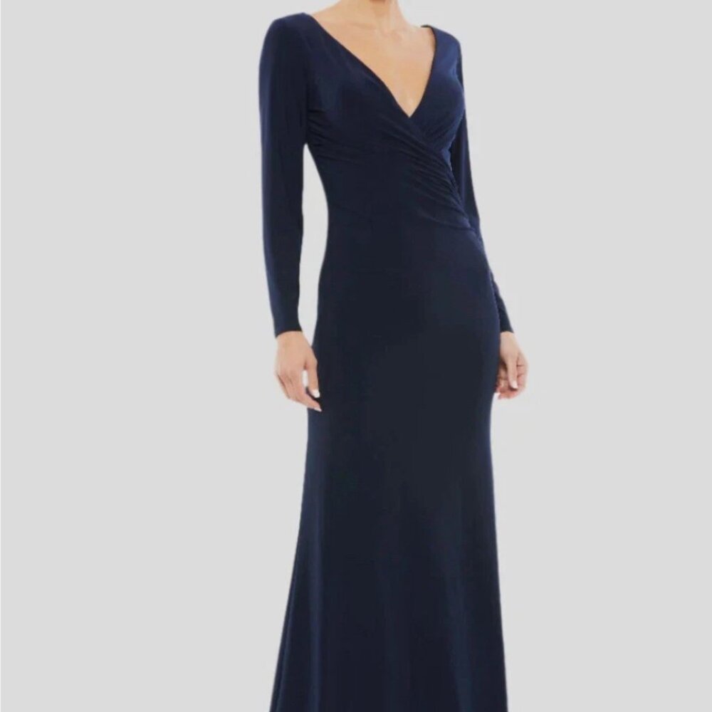 Mac Duggal Ieena 26573 Long Sleeve Ruched V-Neck Gown Navy Midnight Blue Size 12